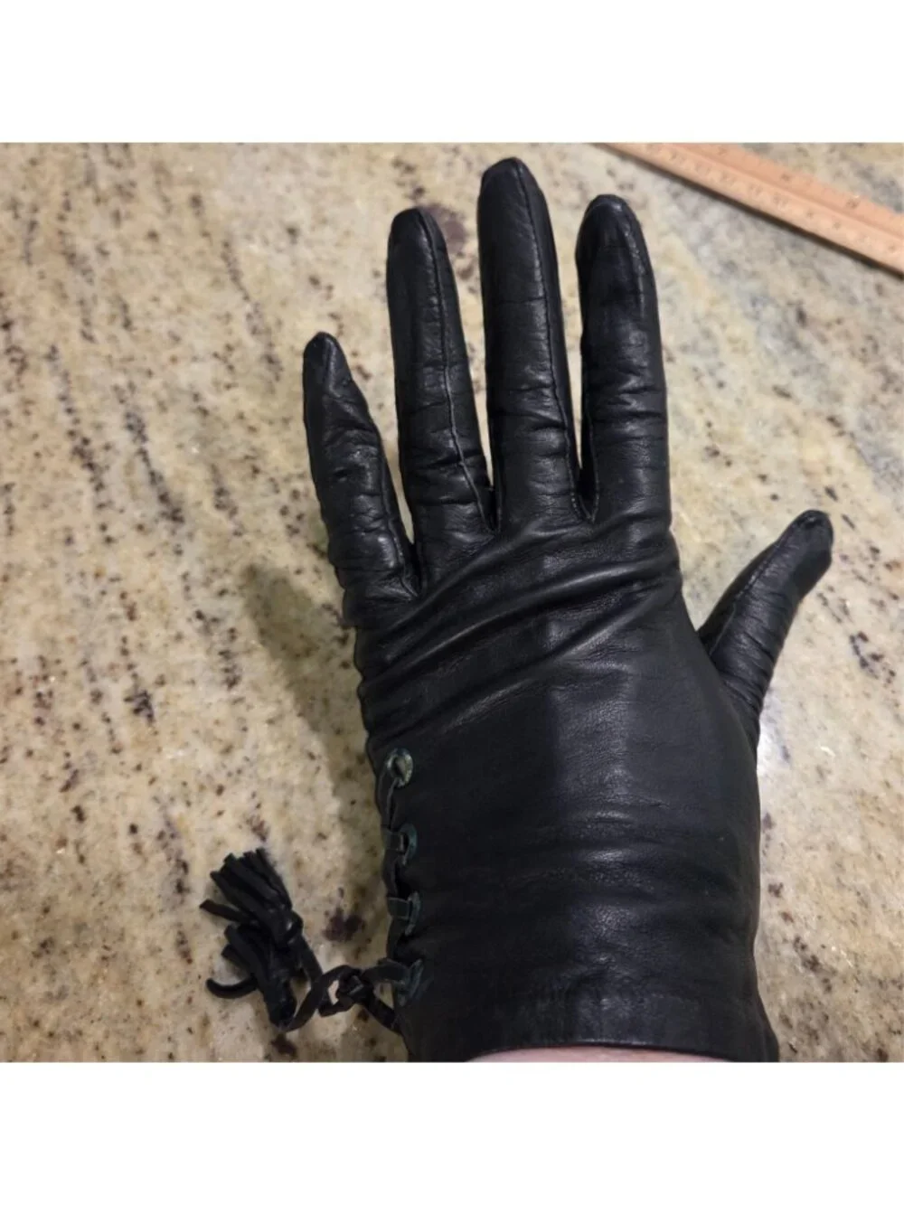 Vintage Womens Size S/M 6.5 Black Leather Gloves Tassle Lace Grommet Biker